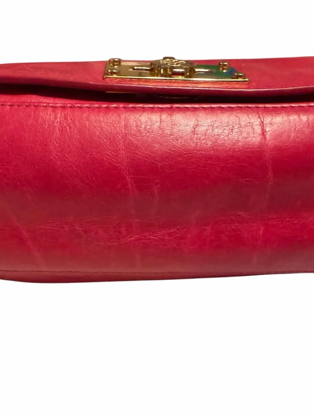 Vintage Tory Burch Fuchsia Distressed Leather Shoulder Bag with Gold Chain